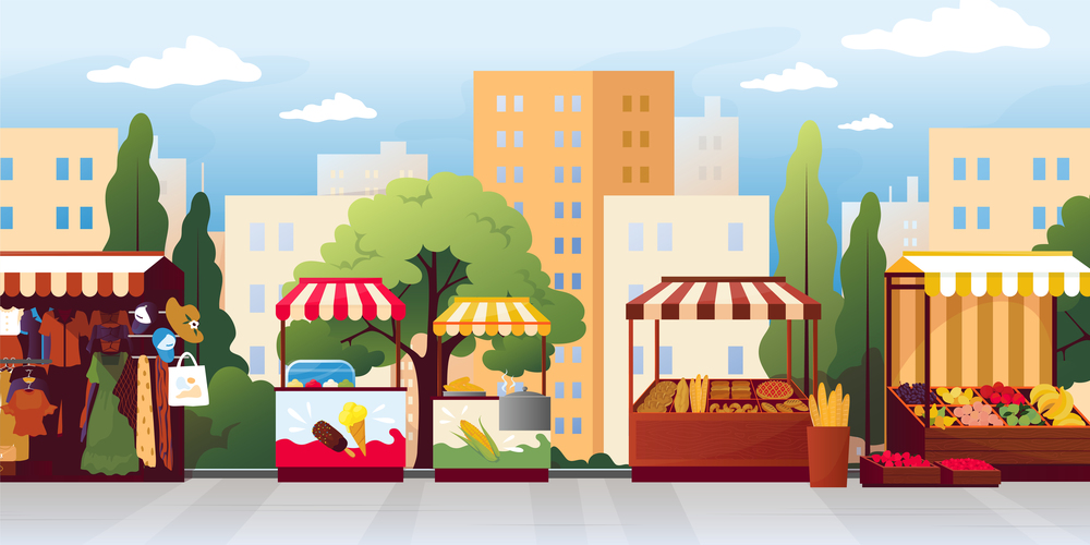 Street market. Farm food booth. Fresh fruits and vegetables kiosk with striped roof canopy. Outdoor city marketplace. Ice cream and corn stall. Vector cartoon urban local market landscape background. Street market. Farm food booth. Fresh fruits and vegetables kiosk with striped roof canopy. Outdoor marketplace. Ice cream and corn stall. Vector cartoon urban market landscape background