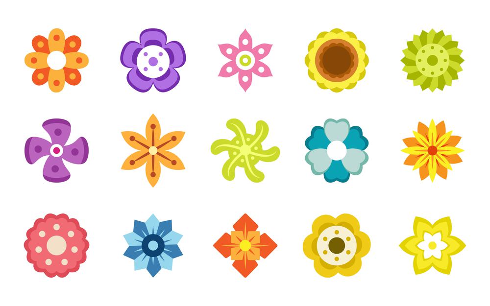 Cute cartoon flowers, spring stickers. Daisy retro icon, pink blue and green easter garden, mother day decoration. Petals different abstract shapes. Flat botanical collection. Vector graphic pattern. Cute cartoon flowers, spring stickers. Daisy retro icon, pink blue and green easter garden, mother day decoration. Petals abstract shapes. Flat botanical collection. Vector graphic pattern