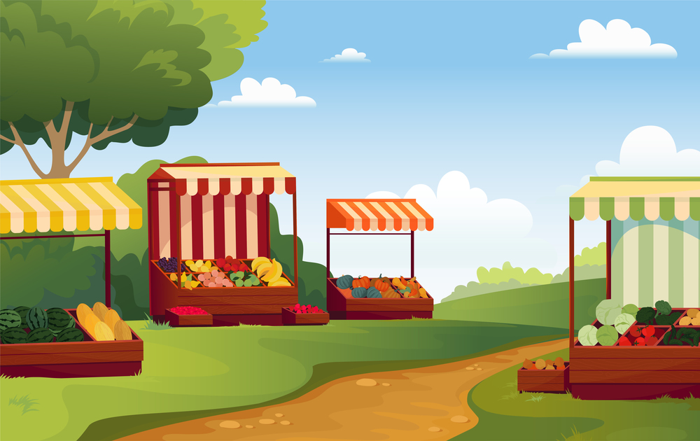 Market background. Village marketplace with stalls. Striped tents. Vegetable kiosks. Farm fruit crates. Empty festival trade street. Traditional fair. Local grocery bazaar. Vector cartoon illustration. Market background. Village marketplace with stalls. Striped tents. Vegetable kiosks. Farm fruit crates. Festival trade street. Traditional fair. Local bazaar. Vector cartoon illustration