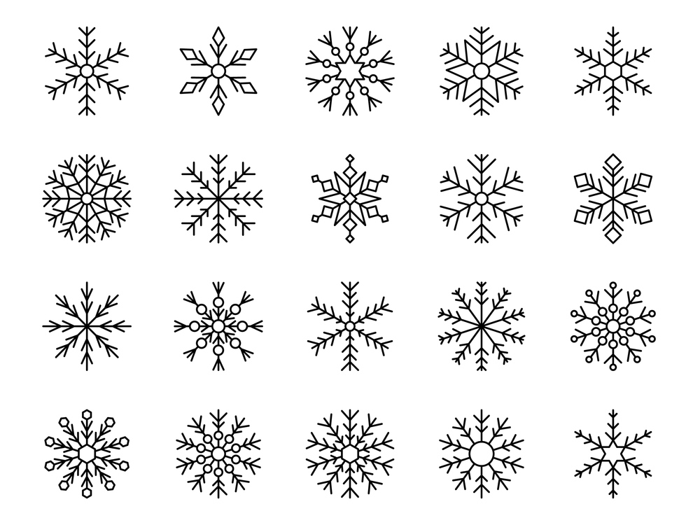 Snowflake icons set, crystal geometric snow. Ice winter flakes, cold art stars, cute xmas holiday ornament. Black snowfall pictograms. Crystal shapes. Christmas decor. Vector line decoration elements. Snowflake icons set, crystal geometric snow. Ice winter flakes, cold art stars, cute xmas holiday ornament. Black snowfall pictograms. Christmas decor. Vector line decoration elements