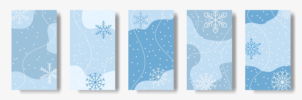 Winter snowflakes story and post design. Fashion show flyers, light banners with abstract modern shapes. Blue colors and white flakes, social media background, covers collection. Vector illustration. Winter snowflakes story and post design. Fashion show flyers, light banners with abstract shapes. Blue colors and white flakes, social media background, covers collection. Vector illustration