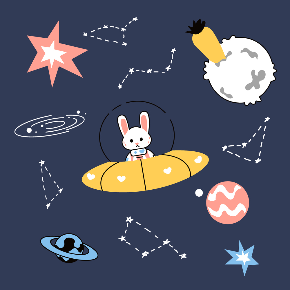 Cartoon rabbit, space animal. Adventure astronaut in zero gravity, planets and stars, moon and Saturn, hare flying on spaceship, exploring universe, childish poster, vector cosmonaut illustration. Cartoon rabbit, space animal. Adventure astronaut in zero gravity, planets and stars, moon and Saturn, hare flying on spaceship, exploring universe, vector cosmonaut illustration