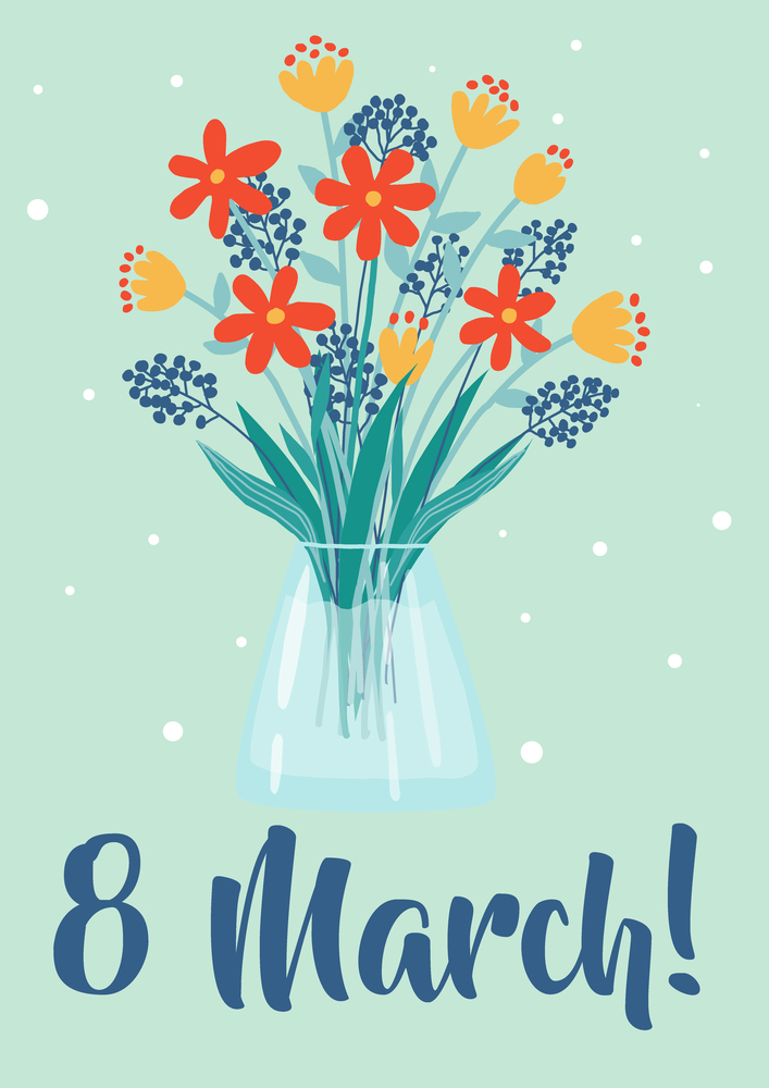 Flower bouquet. 8 march lettering, hand drawn flowers in vase, blooming bouquet, cute creative decoration. Minimal botanical banner, greeting and invitation design, vector contemporary illustration. Flower bouquet. 8 march lettering, hand drawn flowers in vase, blooming bouquet, cute creative decoration. Minimal botanical banner, greeting and invitation design, vector illustration