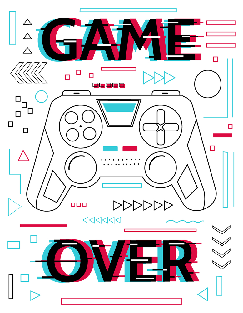 Game over poster. Video gaming joystick. Contour gamepad and glitch lettering. Play arcade. Line graphic elements. Cyber sport. Entertainment technology. Control console with buttons. Vector banner. Game over poster. Video gaming joystick. Contour gamepad and glitch lettering. Play arcade. Line elements. Cyber sport. Entertainment technology. Console with buttons. Vector banner