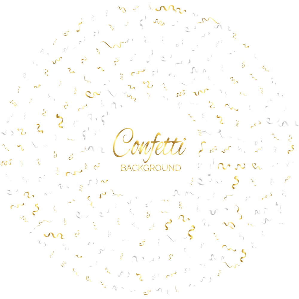 Golden Confetti And Streamer Ribbon Falling On Transparent Background. Vector Vector Illustration