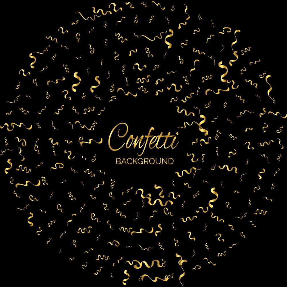 Golden Confetti And Streamer Ribbon Falling On Black Background. Vector Vector Illustration