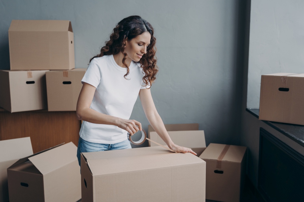 Young woman sealing cardboard box parcel with adhesive tape. Hispanic female packing belongings, preparing to moving day. Removal and delivery service, relocation concept.. Female sealing cardboard box parcel with adhesive tape on moving day. Removal service, relocation