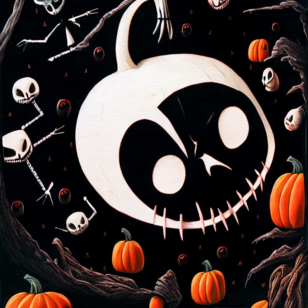 cartoon Halloween card with black cat pumpkins skeletons