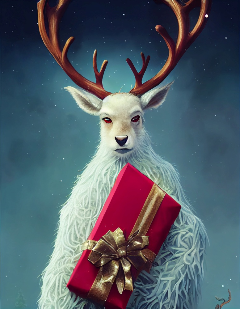 cute reindeer holding Christmas gift box 3d illustration