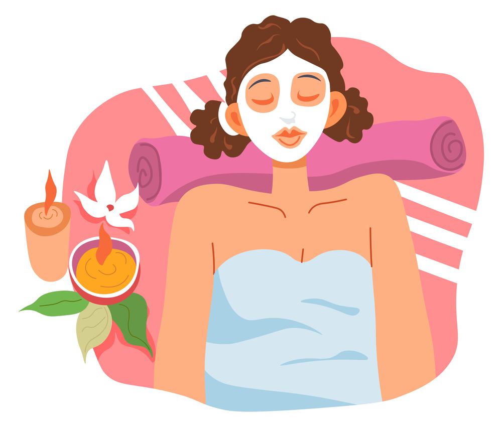 Spa salon procedures and service for skincare, treatment and moisturizing. Calming and relaxing on resort, woman with clay mask applied on face, aromatherapy with candles. Vector in flat style. Facial skincare and treatment in spa salon vector