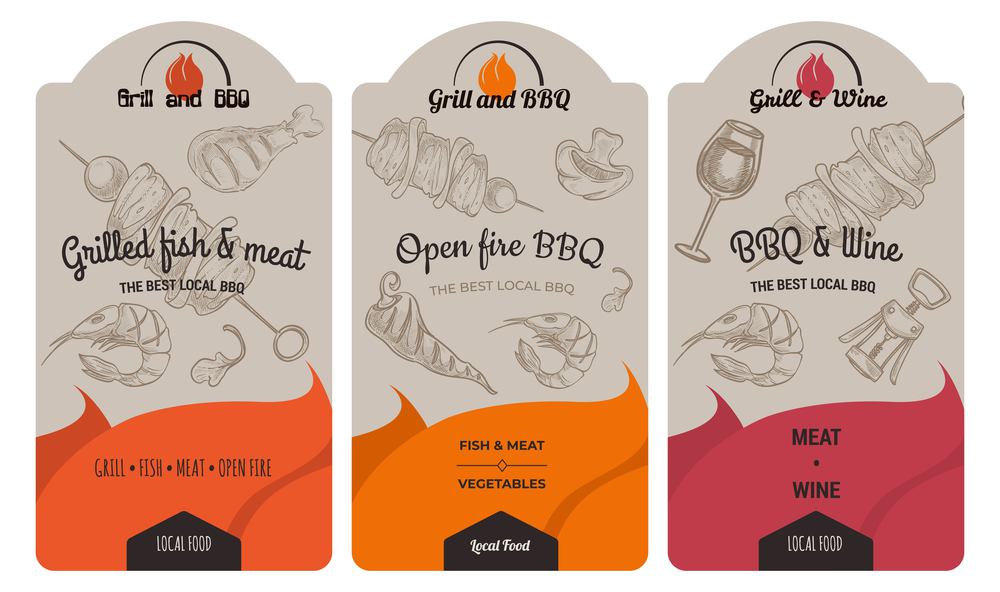 Wine alcoholic beverage and grilled fish and meat, barbeque pork in cafe or restaurant. BBQ in bar, labels with local food, advertisement of diners. Banners with sketches, vector in flat style. Grilled fish and meat, open fire BBQ, wine drinks