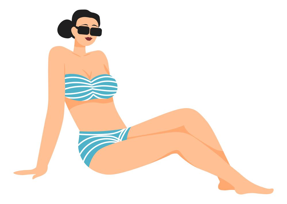 Female character wearing swimming suit and trendy glasses, isolated woman model in stylish apparel. Glamorous personage in fashionable clothes for seaside or pool, beach rest. Vector in flat. Woman in fashionable swimming suit in sunglasses