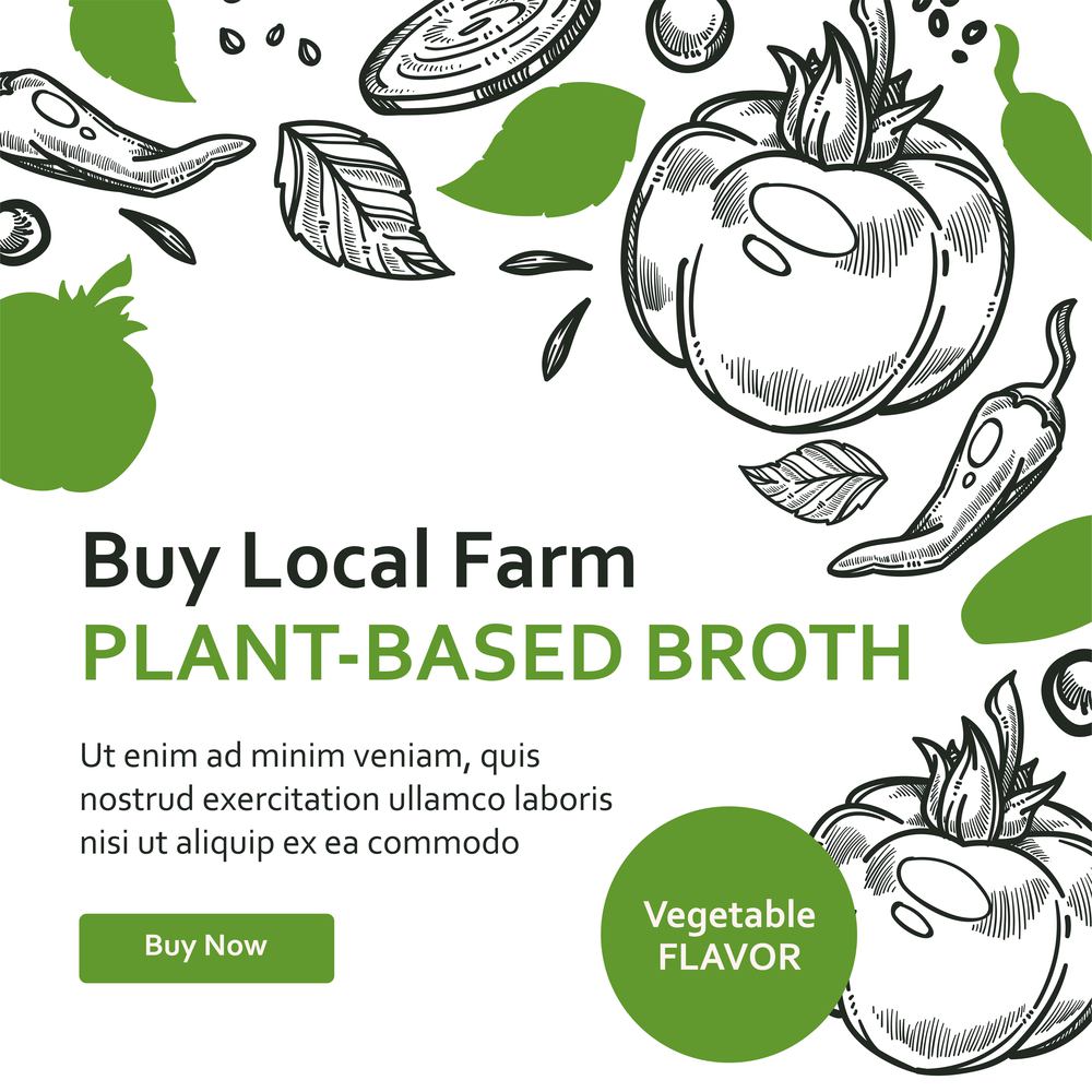 Plant based broth with vegetable flavor, organic and natural ingredients. Buy local farm food and meal. Vegan and vegetarian menu. Online internet shop, website sample, vector in flat style. Buy local farm plant based broth, vegatable flavor
