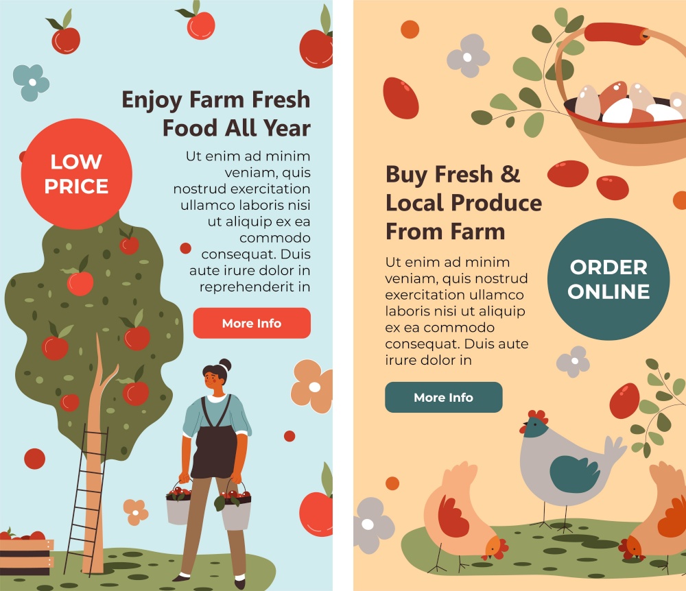 Buy fresh and local produce from farm, organic and natural food all year. Grocery and fruits, vegetable and poultry meat and eggs. Online internet shop, website sample, vector in flat style. Enjoy farm fresh food all year, local produce