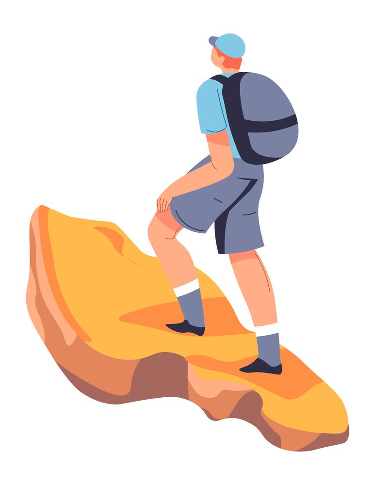 Hiking and trekking summer activities and hobbies. Isolated male character with bag walking on mountains peak or summit. Exploring nature and ranges. Strolling and resting. Vector in flat style. Trekking hiking, climbing mountains and walking