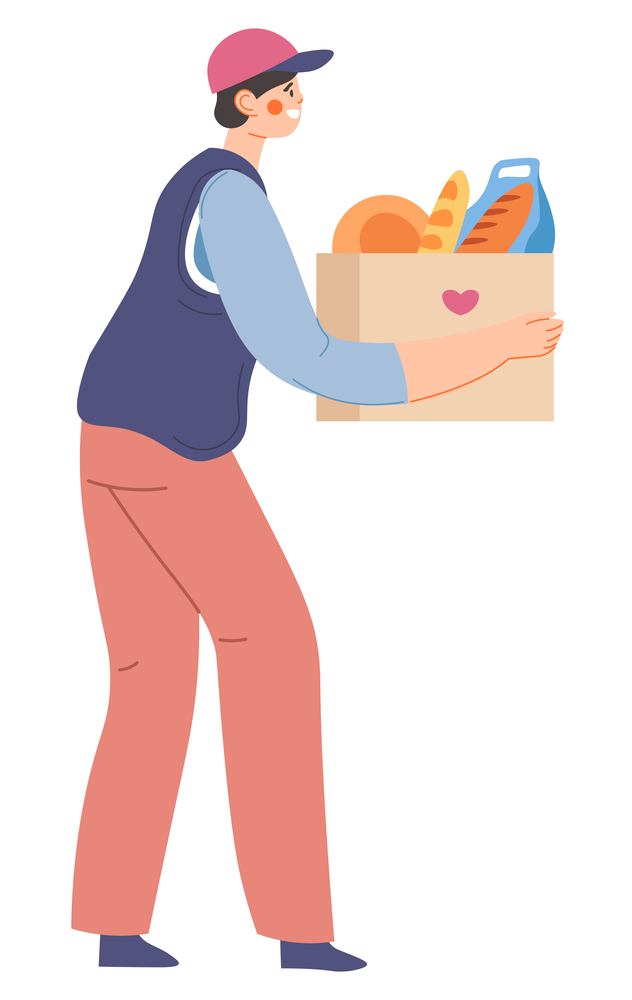 Giving food for charity, donation and volunteering, helping people in need. Isolated teenager with bag of meal, freshly baked bread from bakery store and groceries from shop. Vector in flat style. Volunteer with bag of food, volunteering charity