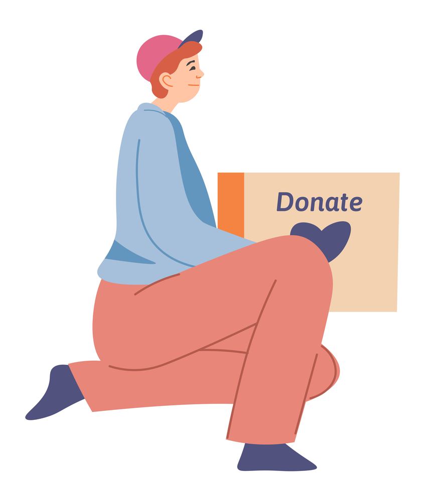 Male character volunteer with box containing food or clothes. Charity and donation, volunteering and helping people in need. Support and assistance, kindness and caring. Vector in flat style. Donation and charity, volunteer with bag of food