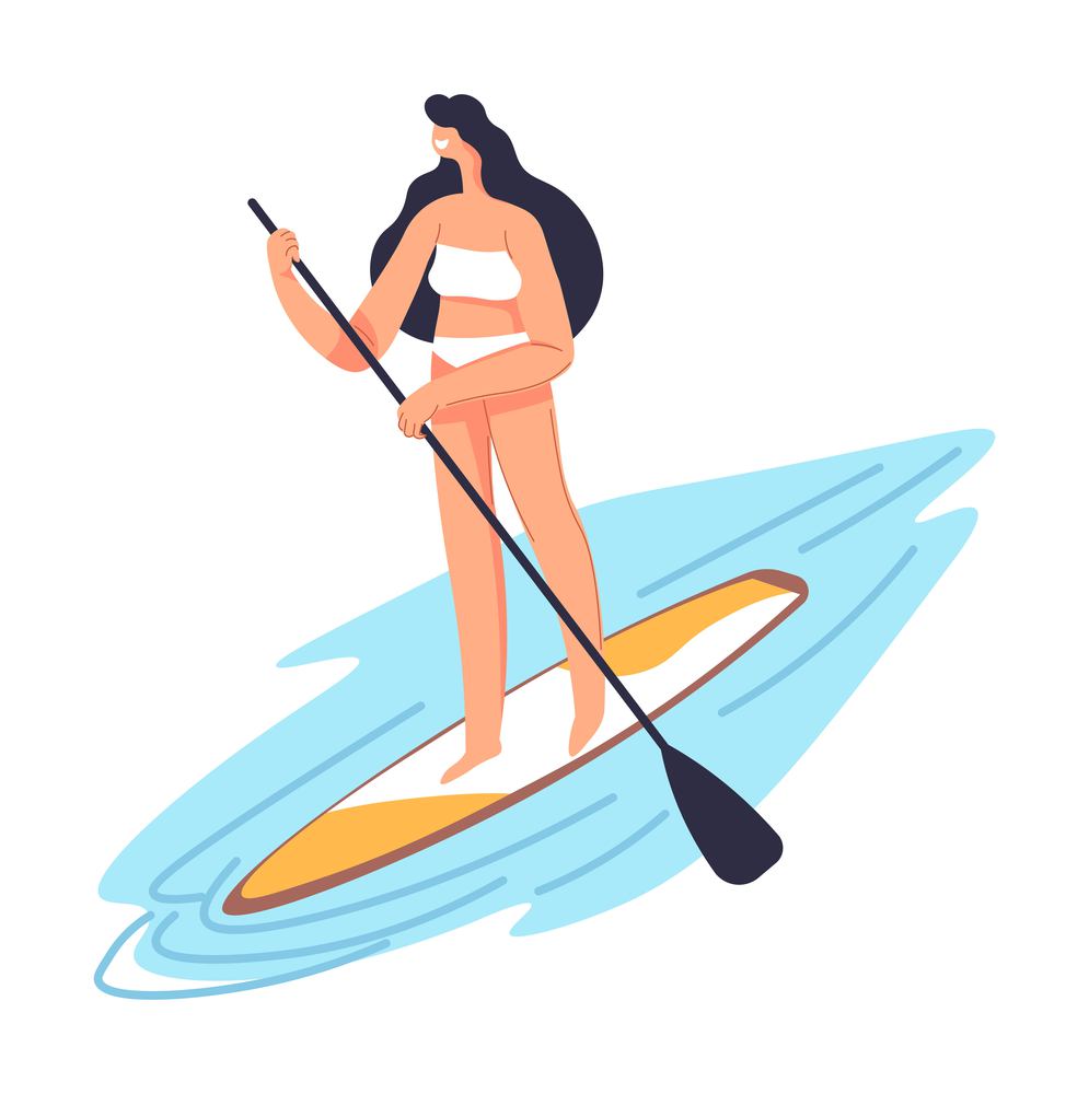 A female character using sup board learning and practicing. Isolated woman with ore on the water surface. Summertime hobbies and activities during vacation and weekends. Vector in flat style. Woman on sup board, summertime vacation resting