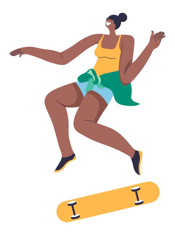 Female character on skateboard showing tricks, practicing and learning how to balance. Summer vacation and weekends rest, recreation and active sports fun relaxation for teen. Vector in flat style. Skateboarder woman skating showing tricks vector