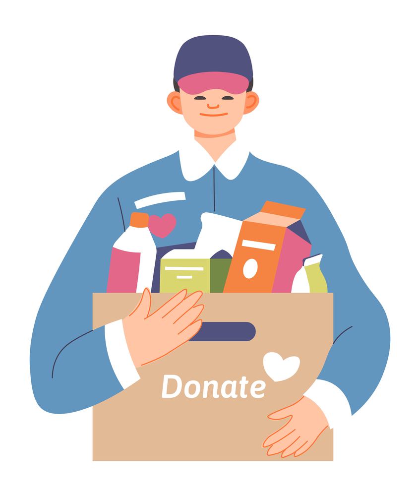 Male character with box of food, milk and groceries donating. Charity and kindness, assistance and help for people in need. Man volunteering being useful and kind. Vector in flat style illustration. Volunteer donating food grocery products vector