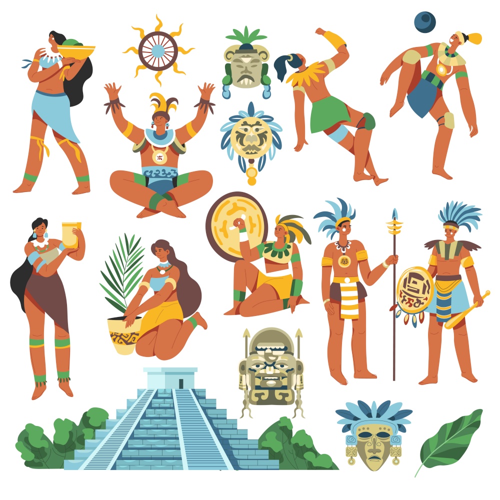 Ancient civilization of maya, isolated people dressed in traditional costumes with ornaments. masks with feathers and leaves, totems and religious idols. Machu picchu citadel. Vector in flat style. Mayan civilization, people and totems, citadel