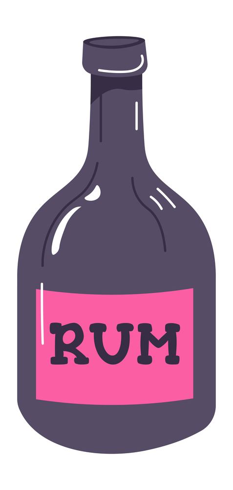 Strong alcoholic beverage bottled rum. Isolated drink in bar, pub or restaurant. Aperitif or appetizer before eating. Whiskey or cognac, booze spirit for party. Tasty liquor. Vector in flat style. Bottle of rum, alcoholic beverage symbol of pirate