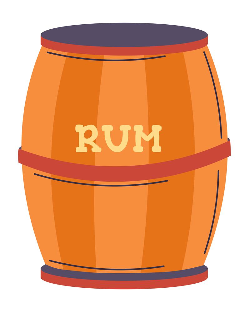 Storage of brewing or fermenting rum alcoholic beverage of pirates. Isolated wooden keg or barrel with strong alcohol spirit. Whiskey or cognac liquor from store or cellar. Vector in flat style. Rum alcoholic beverage preserved in wooden barrel