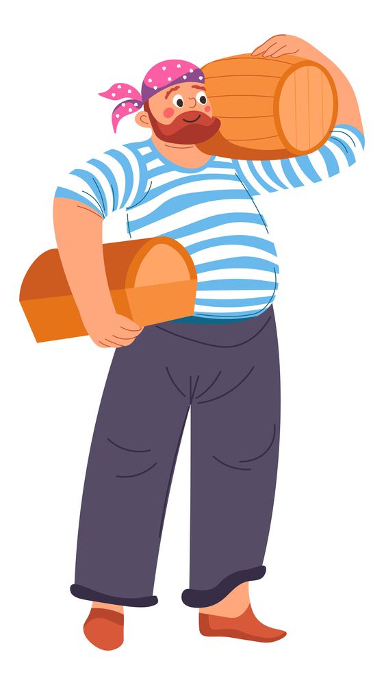 Male character wearing sailor tshirt carrying wooden barrels with rum whiskey or cognac alcoholic beverages. Cask with alcohol drink, traditional cargo or pirates while traveling. Vector in flat style. Pirate with wooden keg of rum, man characters