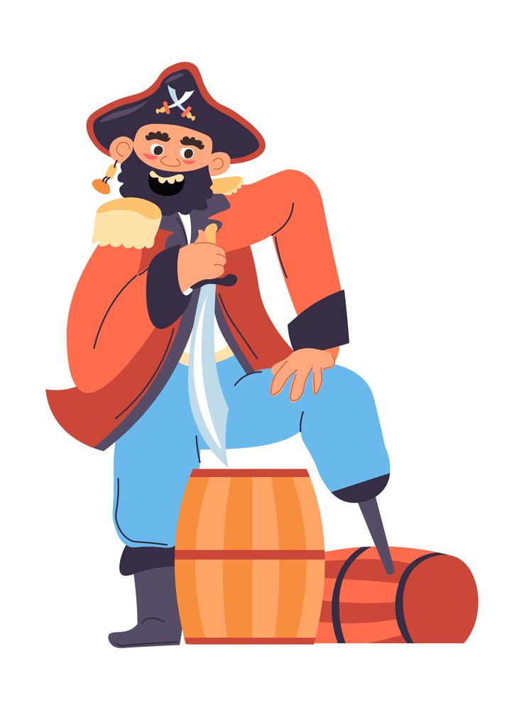 Pirate with one leg standing by wooden barrels of rum. Alcoholic beverage in cask, fermentation brewing of drink. Whiskey or cognac in distillery. Spirit for voyages and trips. Vector in flat style. One leg pirate with wooden barrels of rum kegs