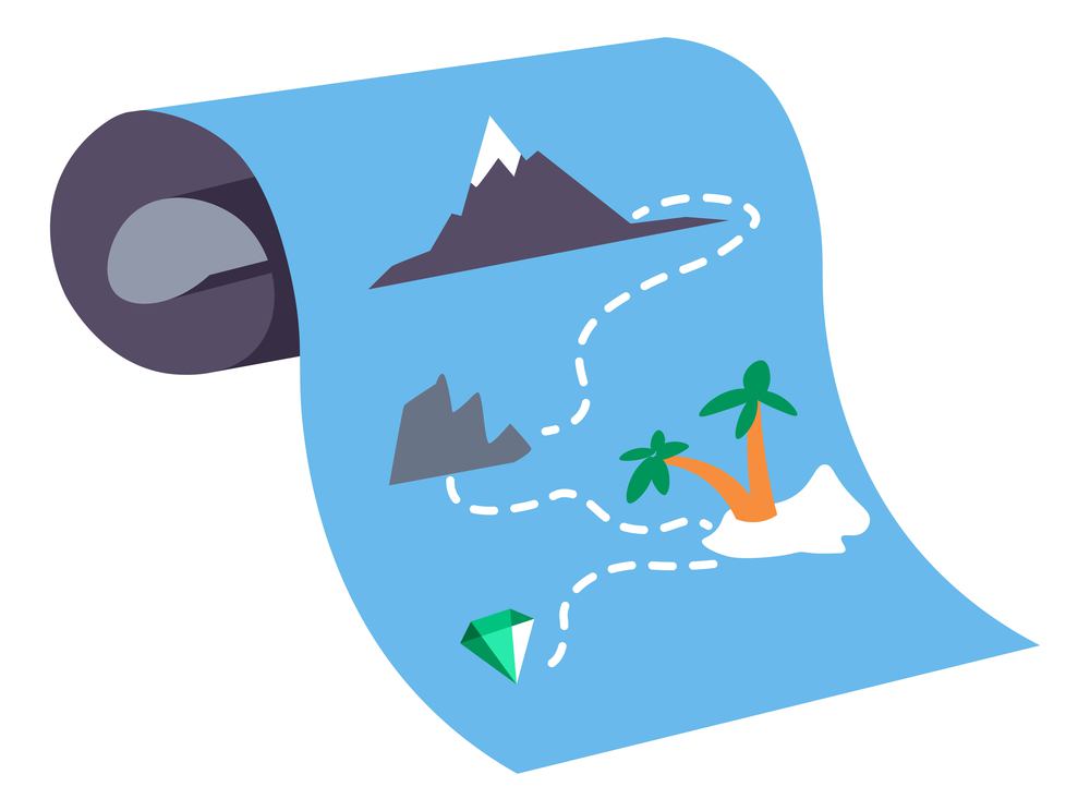Adventure quest for weekends fun and leisure. Isolated treasure map with path, smart, mountains and palms. Weathered instruction on how to get on top of range and find with. Vector in flat style. Treasure map of abandoned islands, navigation
