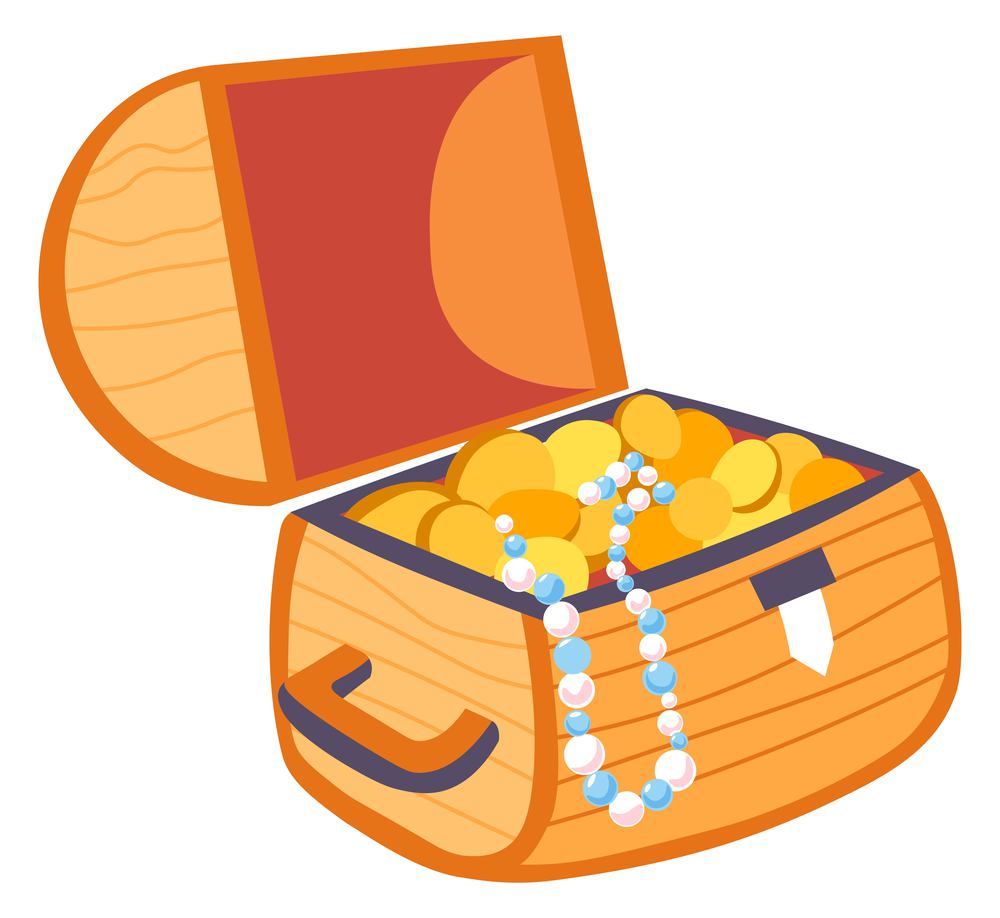 Gold and money, wealth and jewelry in treasure chest. Wooden casket with abundance of shily gemstones, brilliant and necklaces. Reward and trophy in adventure or voyage. Vector in flat style. Treasure chest with gold and gem stones vector
