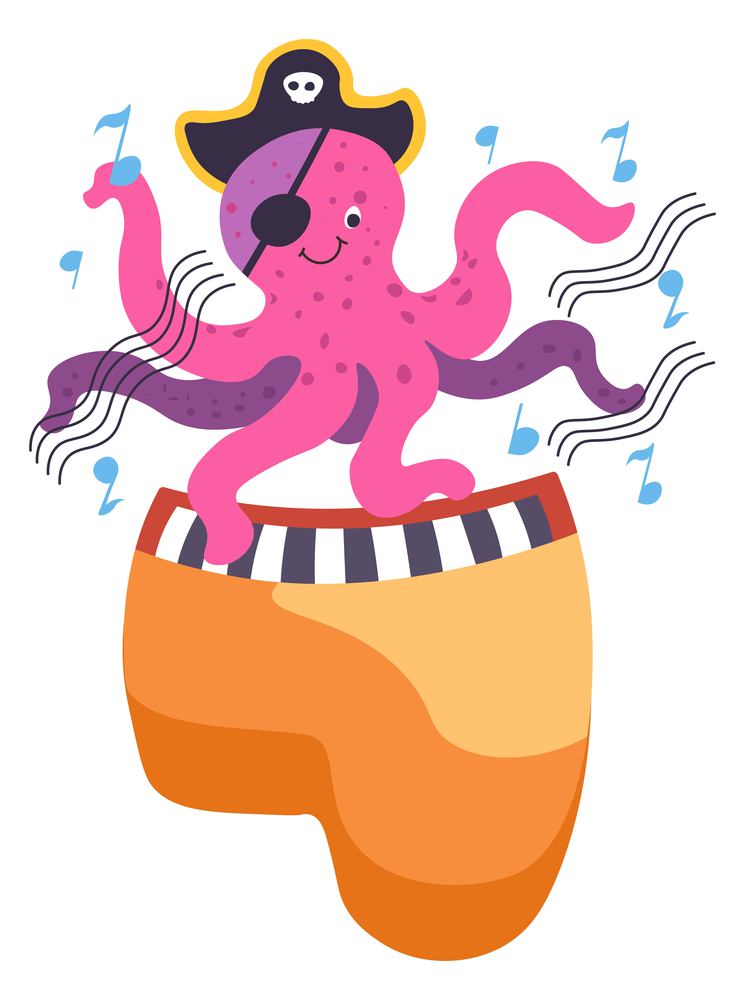 Pirate octopus character, isolated personage with tentacles. Marine wildlife and creature, nautical nursery decor. Seafood animal with hat and eye covering. Vector in flat style illustration. Octopus character with pirate eye and headwear