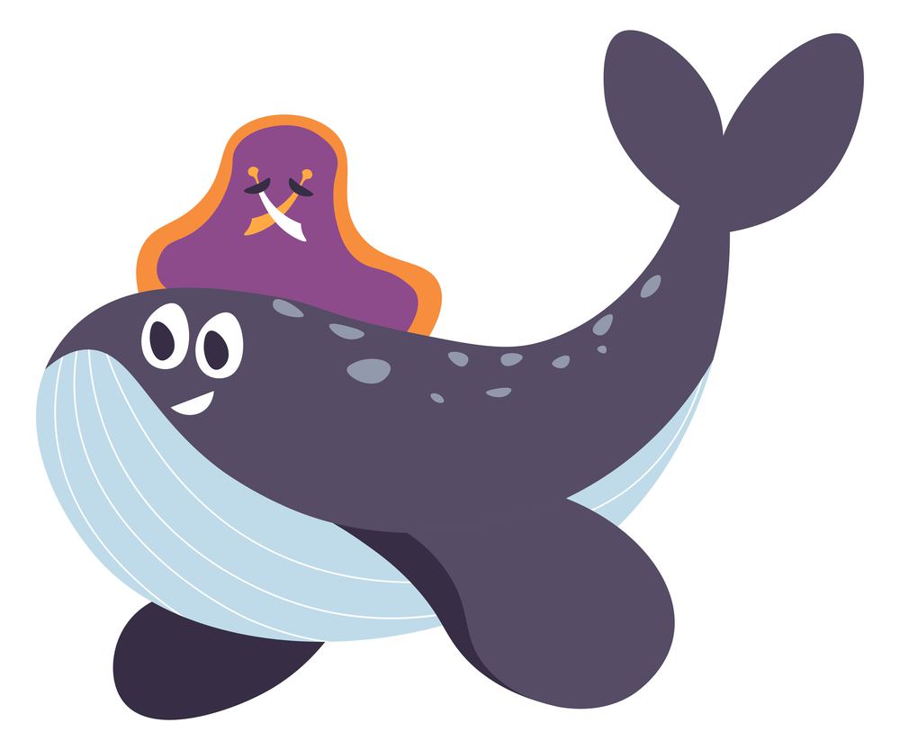 Sea or ocean marine animals, isolated whale character wearing hat with crossed swords. Piracy and pirates, swimming wild fish in water. Childish personage with fins and tail. Vector in flat style. Whale character wearing pirate hat cap vector
