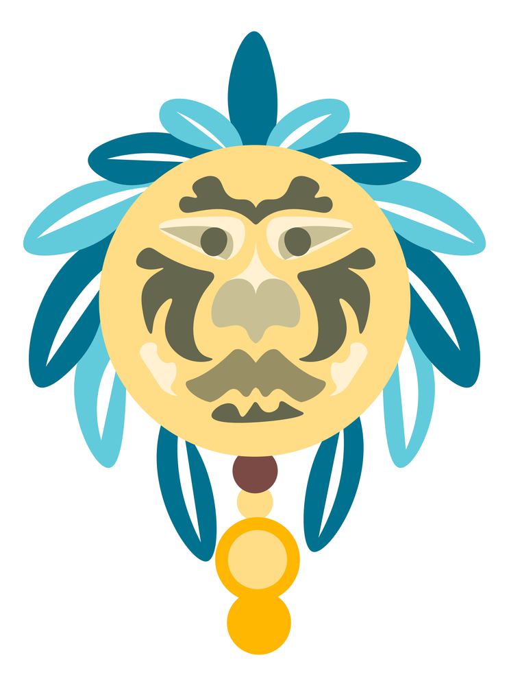 Stone mask, isolated idol or totem, ancient polynesian artwork. Face of character with feathers and ornaments, granite or rock. Aztec or may, jungle decoration cartoons. Vector in flat style. Ancient stone mask, totem or idol Polynesian art