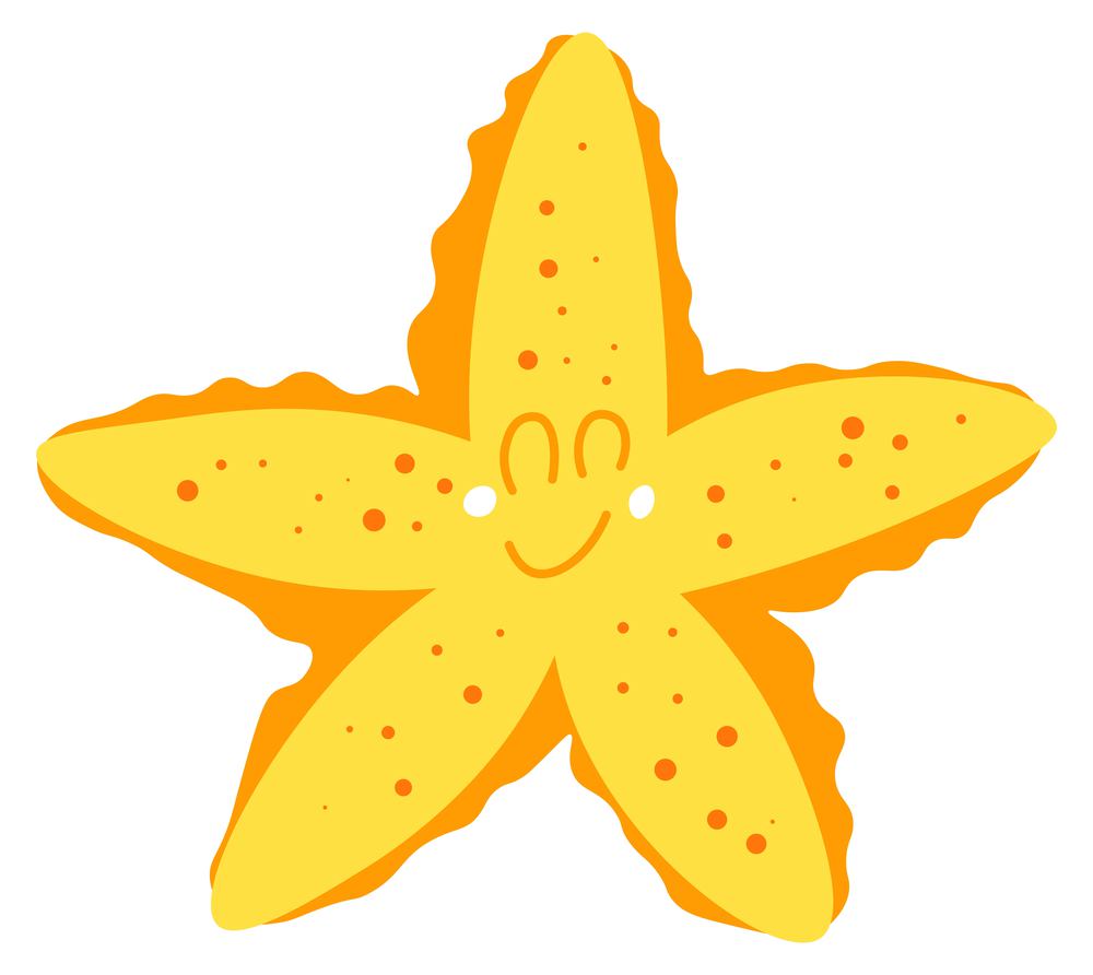 Starfish character, personage with happy facial expression. Isolated aquatic animal, fish wildlife living underwater. Tropical and exotic creature, marine and nautical sticker. Vector in flat style. Happy starfish character with smile on face vector
