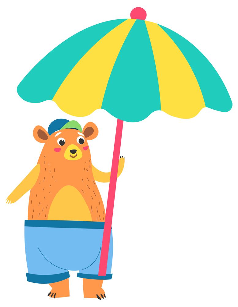 Summer personage animal wearing shorts and hat holding umbrella protecting from sun. Sweet toy, grizzly or bear mammal. Furry character childish sticker for decoration. Vector in flat style. Funny bear character in shorts holding umbrella