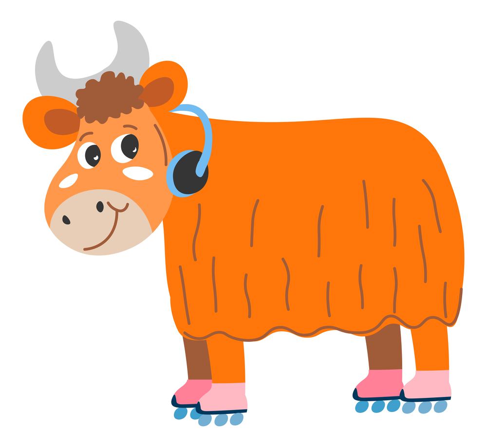 Bull or ox wearing headphones and skating shoes. Roller animal character, comic personage with smiling muzzle. Buffalo childish sticker or wild farm livestock cute emoji. Vector in flat style. Ox or bull funny character with headphones vector