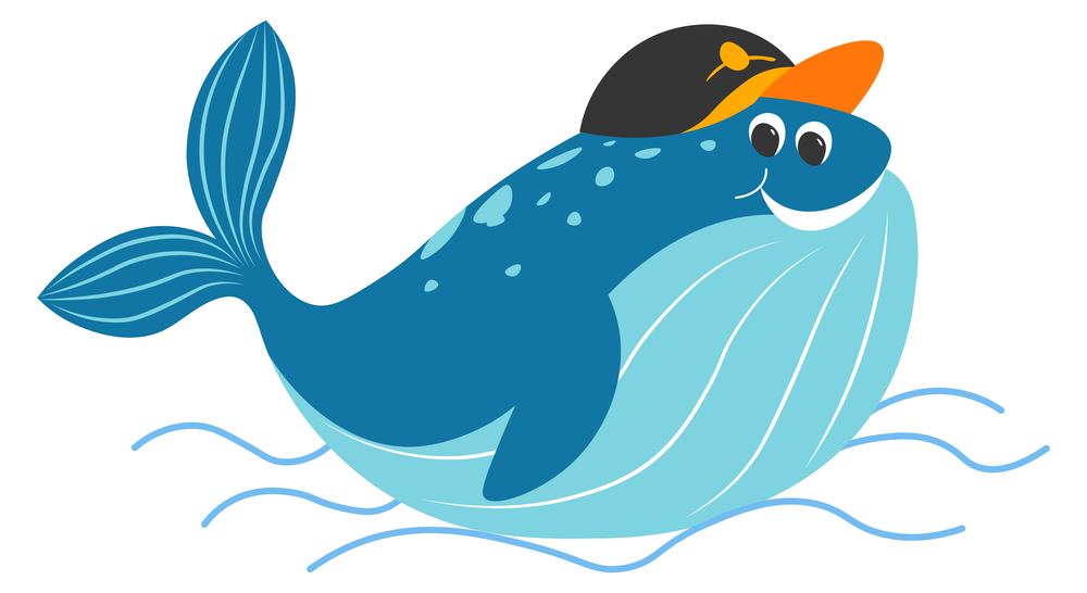 Marine life funny animal character with smile on face. Isolated whale wearing decorative hat swimming in water, sea creature under water. Wildlife mascot or fish childish personage. Vector in flat. Funny whale character with hat accessory vector