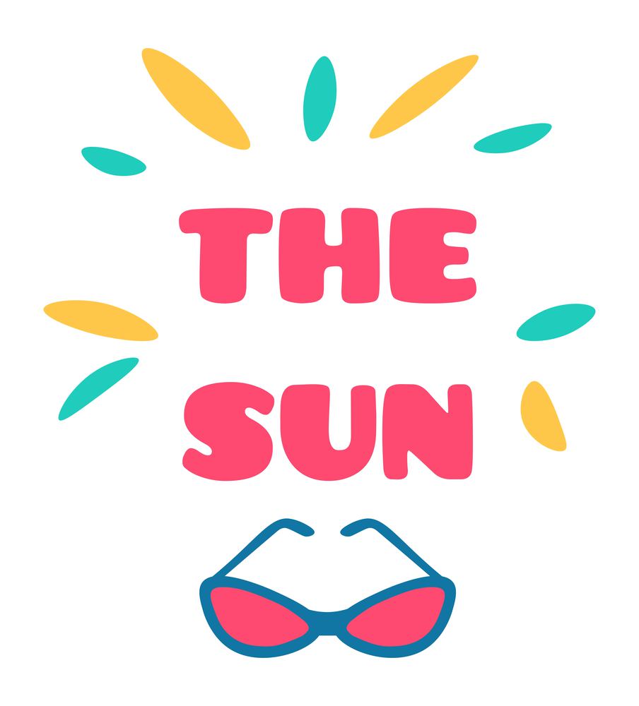 Sun sunglasses protecting eyes from sunshine, isolated decorative sticker. Stylish accessories for women and men, classic view and look for outfit. Season beach vacation. Vector in flat style. Sunglasses sun sticker, summer season accessory