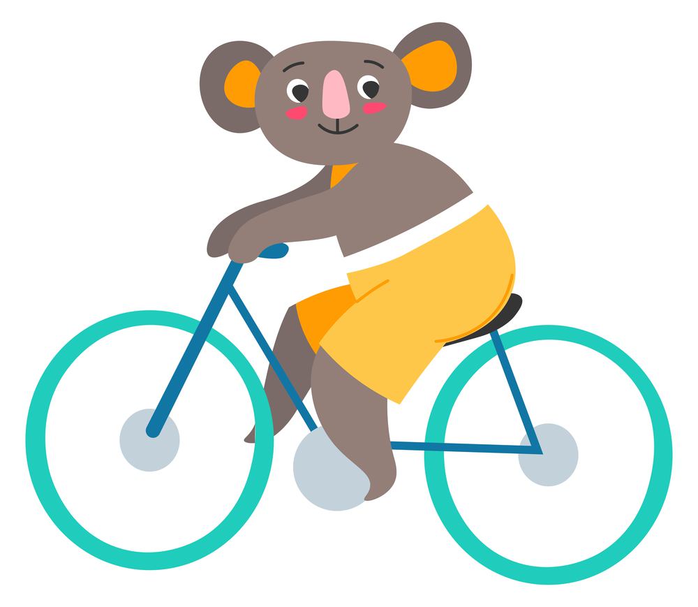 Funny cartoon character riding bicycle having fun and relaxing. Isolated koala wearing pants, smiling mammal with furry coat. Postcard or childish personage on active race. Vector in flat style. Koala funny character riding bicycle, personage