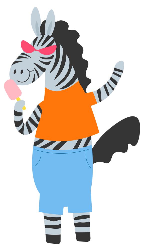 Zebra character wearing stylish clothes and funky glasses accessories. Isolated dancing personage, wildlife safari creature. Portrait of mascot, childish animal in summer. Vector in flat style. Funny zebra character wearing glasses, vector