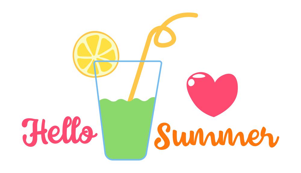 Cocktail with decorative straw and slice of lemon, isolated tasty cool beverage. Hello summer decorative banner or sticker, greeting card or invitation to party celebration. Vector in flat style. Hello summer, cocktail with lemon and straw vector