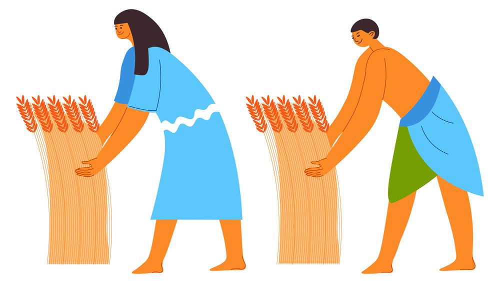 Farming ancient egyptians working on field, growing and harvesting wheat spikelets. People from old Egypt, agriculture and gathering culture, techniques for surviving in heat. Vector in flat style. Ancient egypt people working on field with wheat