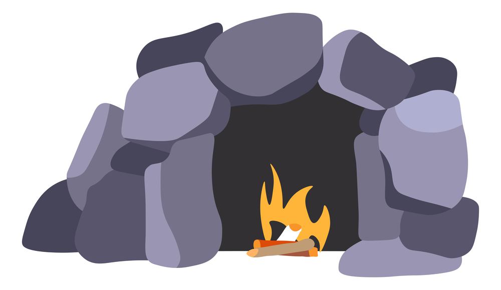 Ancient cave, home to old civilization and neanderthal people. Primeval house, evolution and accommodation. Bonfire for warmth and preparing food, savage mankind of past. Vector in flat style. Bonfire in cave, ancient rocks and cliffs vector
