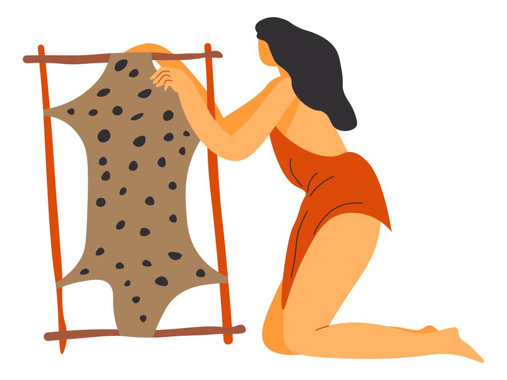 Handmade clothes tailoring and sewing out of leather and animal fur. Isolated woman softening material for clothes. Primitive culture female characters manually working. Vector in flat style. Primitive culture, making clothes out of leather