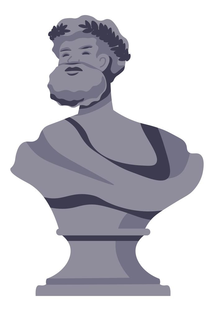 Roman or Greek culture, ancient bust sculpture of male with laurel wreath on head. Thinker or political, classic artwork for museum exhibition. Historical personage depiction. Vector in flat style. Ancient Greek or Roman bust sculpture of male