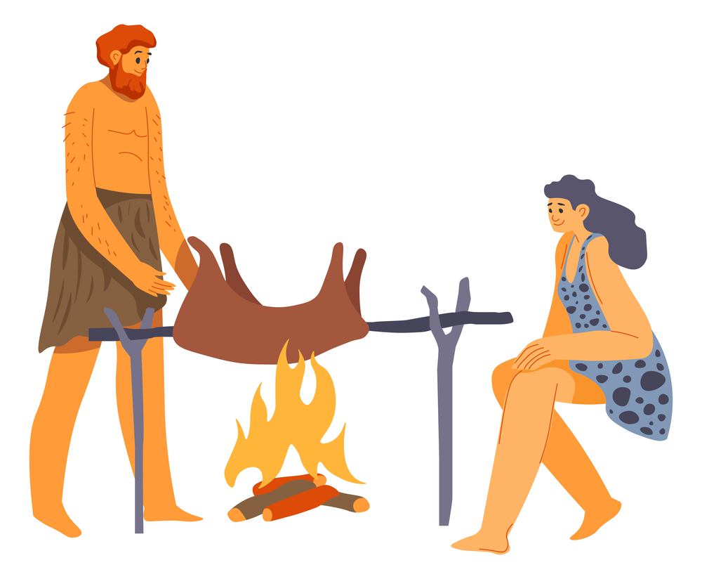 Neanderthals cooking animal on fire, man and woman primitive culture of hunters surviving in wilderness. Male and female characters, cavemen or barbarians making dinner. Vector in flat style. Ancient people cooking meal on bonfire vector