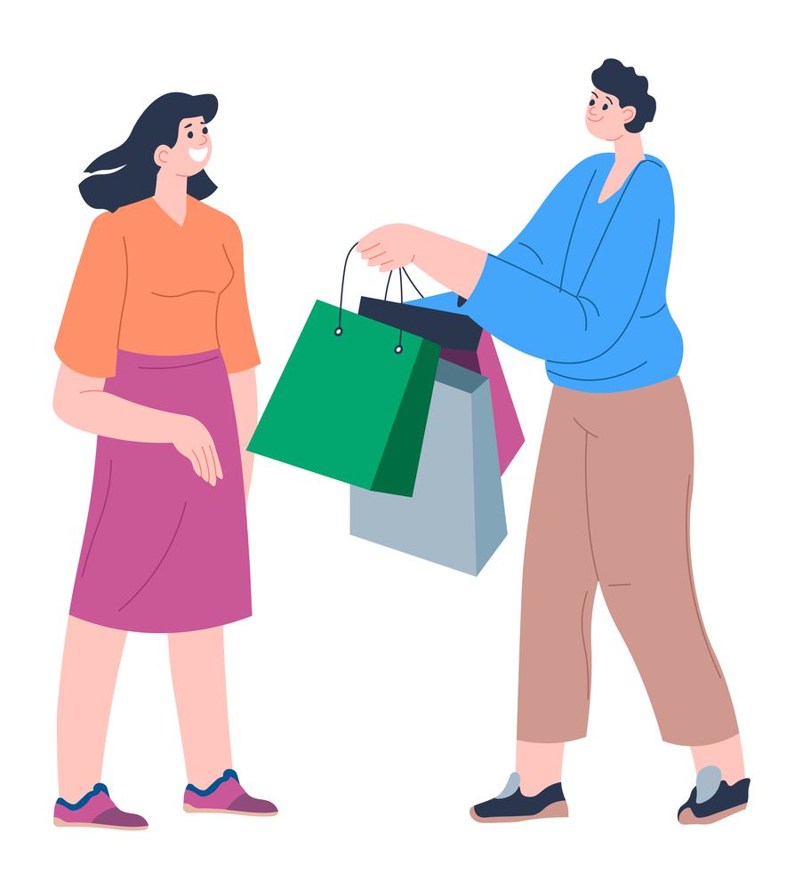 People shopping, leisure and recreation on weekends. Hobby of married couple or friends, man holding bags bought in market or mall. Purchase for home, clothes or accessories. Vector in flat style. Couple with bags shopping in mall or market vector