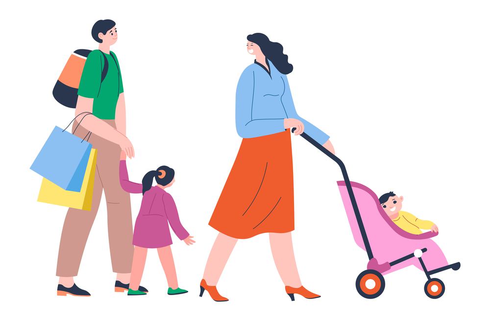 Man and woman with children shopping, male and female, family on weekends buying in shops and stores. Consumerism or hobby of people, spending time in city outdoors with kids. Vector in flat style. Family shopping, couple with children walking