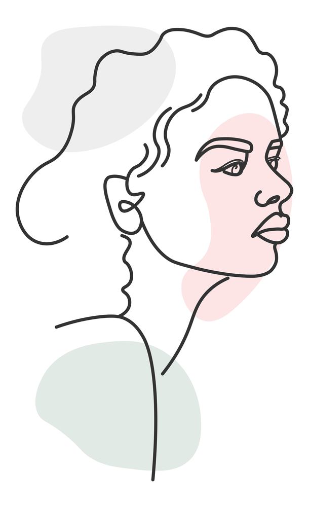 Portrait of young woman, isolated minimalist sketch outline drawing with watercolor decoration. Female character, lady profile. Girl with curly hairstyle, looking aside. Vector in flat style. Line art female character portrait, minimalist
